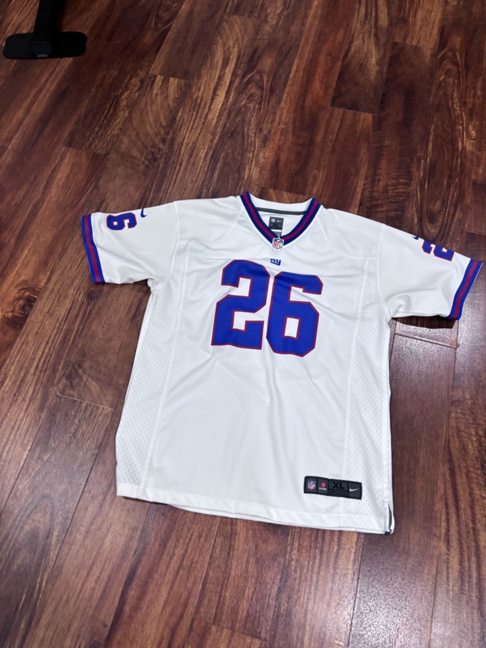NFL #26 Saquon Barkley" White Jersey with Blue and Red V-Neck Trim